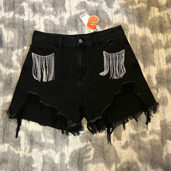 Cider Diamond Tassels Ripped Denim ShortsSize XL - Picture 3 of 10